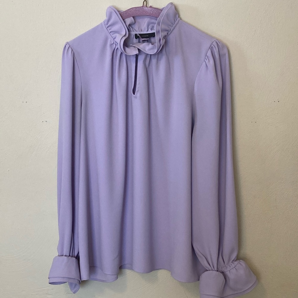 J Crew Ruffleneck Crepe Blouse In Lilac Sz L